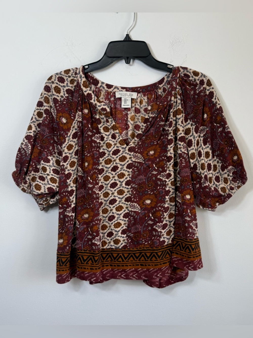 Rachel Zoe Boho Floral Puff Sleeve Cotton Peasant Top L Rust Mixed Print